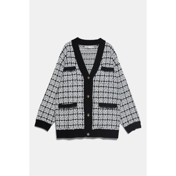 Zara Knit Graph Check Tweed Cardigan - Picture 8 of 8